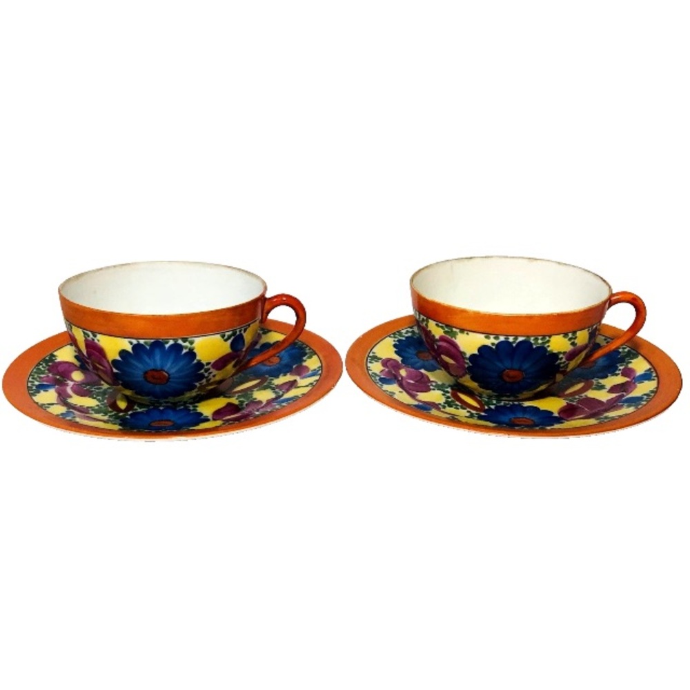 Orange Floral Porcelain Teacup and Saucer Set - Pair Hand Painted Made in Japan